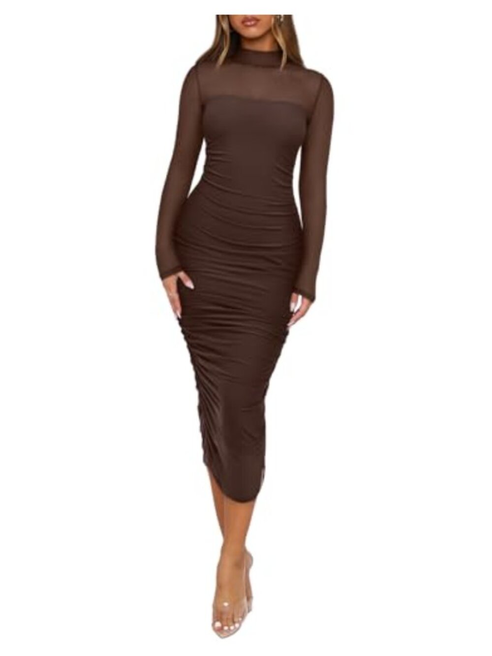 Long Sleeve Mesh Ruched Bodycon Midi Dress Mock Neck Cocktail Party